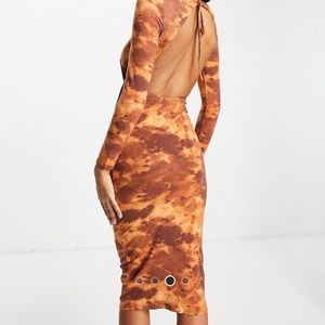 Long Sleeve Front Knot Open Back Midi Dress